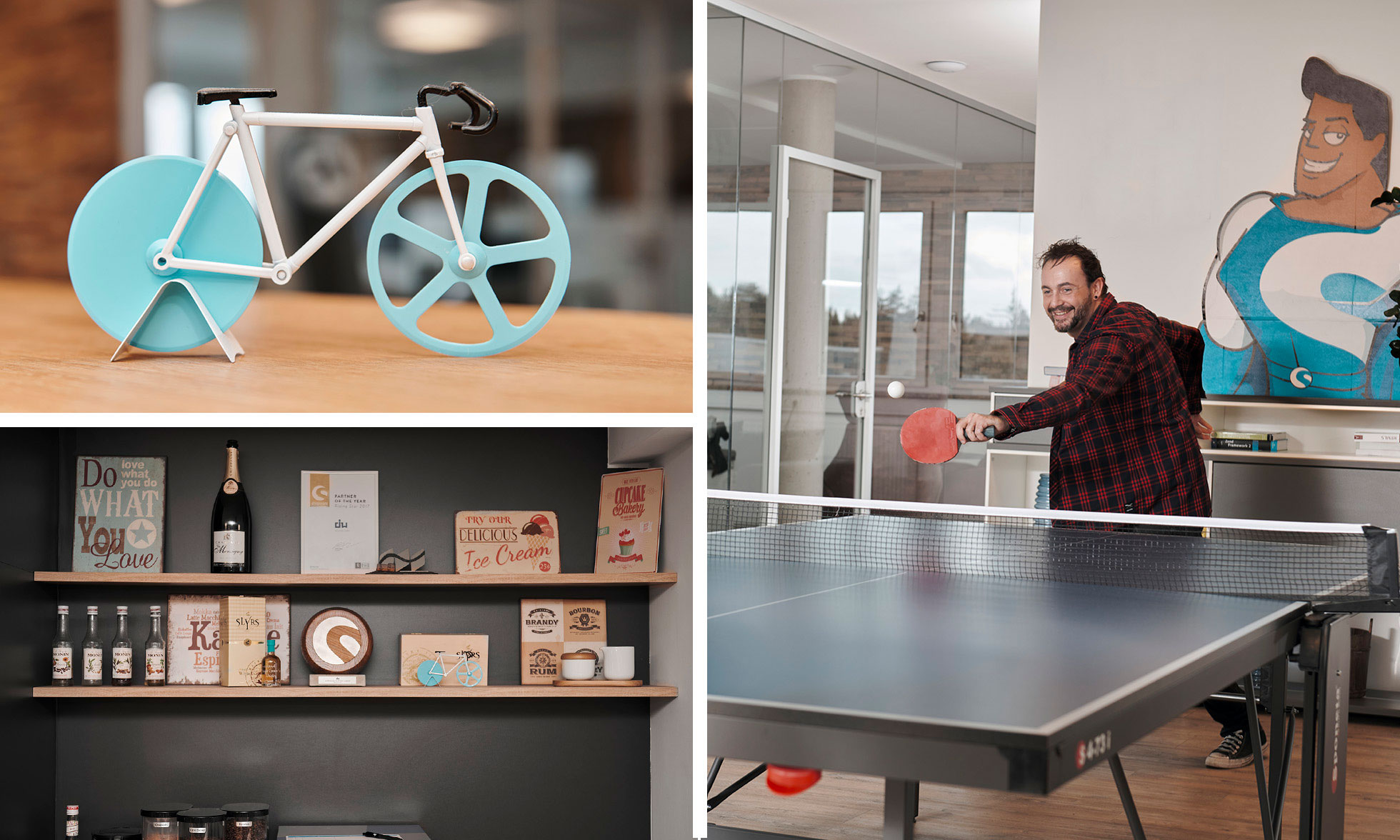 A young man plays table tennis in the dasistweb office (picture on the left). Different impressions of the dasistweb office in Holzkirchen near München. (right).