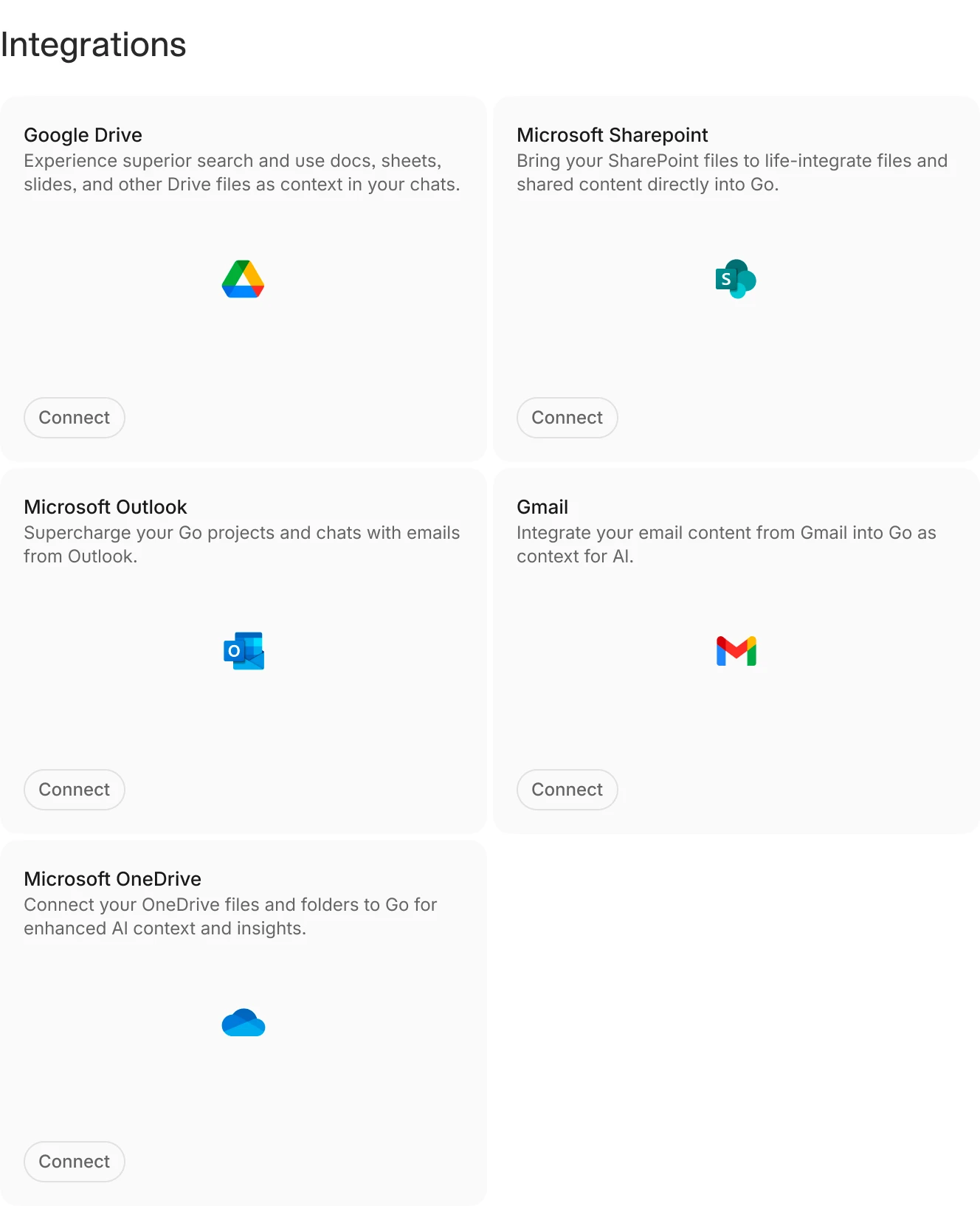 V7 Go integrations dashboard showcasing connectivity options. Logos for Google Drive, Outlook, SharePoint, OneDrive, and Gmail are displayed, illustrating how the platform connects with common enterprise tools for seamless data ingestion and document management in legal workflows.