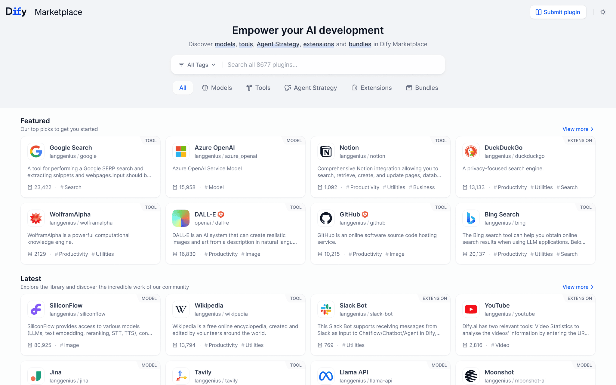 Dify Marketplace displays a browsable plugin gallery of models, tools, agent strategies, and extensions organized into categories like Featured and Latest. Shown plugins include Google Search, Azure OpenAI, Notion, and more.